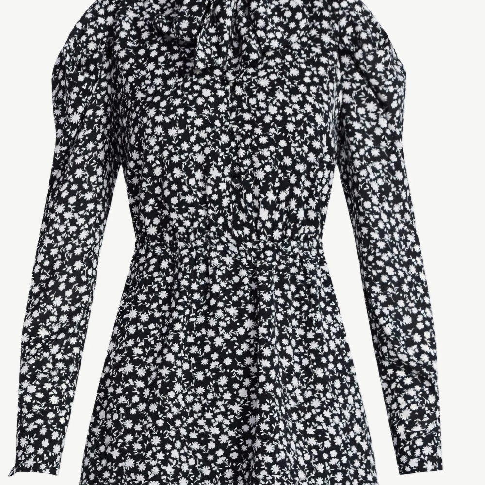 floral bow-neck mini dress - Black/White